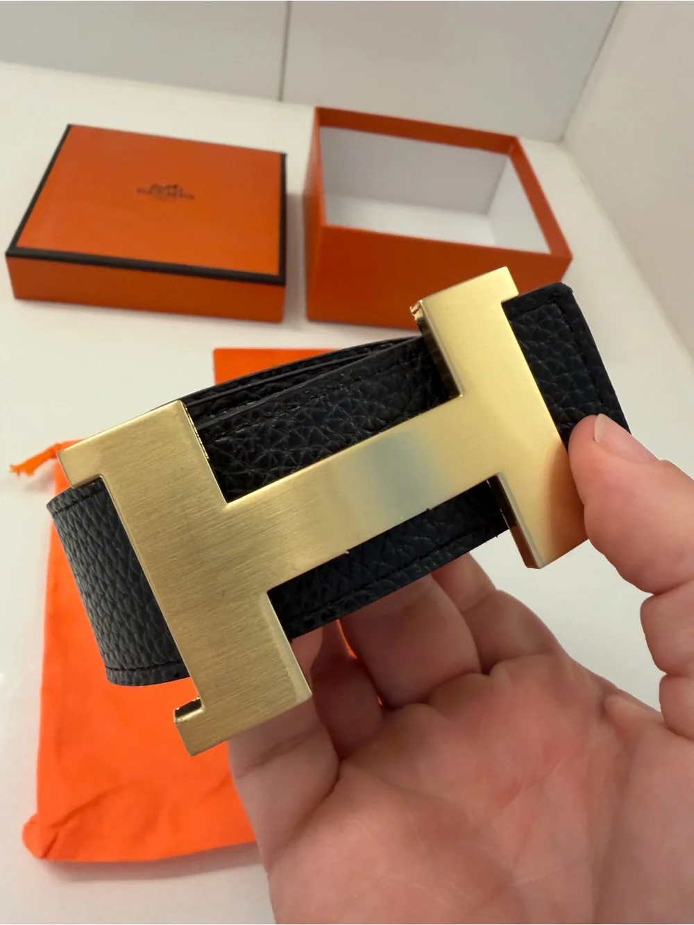 Hermès Reversible H Belt – Red & Black Leather, Gold H Buckle, Box & Dust Bag
